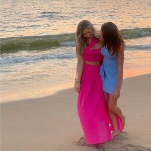 Pink Maxi Skirt with One Shoulder Crop Top 🩷